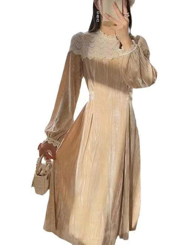 Style Apricot Hollow Out Lace Wrinkled Patchwork Velour Dress Fall