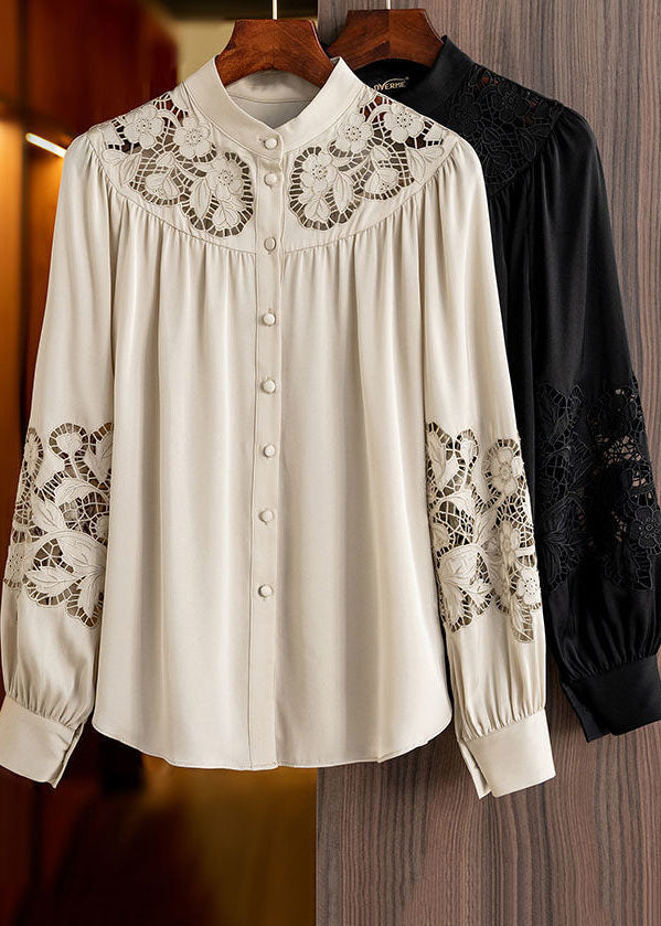 Style Apricot Stand Collar Embroidered Hollow Out Chiffon Shirt Long Sleeve