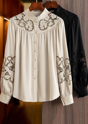 Style Apricot Stand Collar Embroidered Hollow Out Chiffon Shirt Long Sleeve