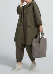 Style Arm Green Cotton Blouses For Women Side Open  Short Hooded  Long Blouse - SooLinen