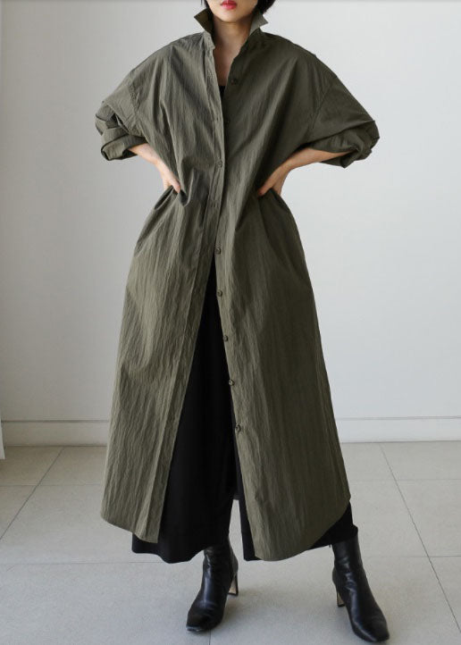 Style Army Green Peter Pan Collar Cotton Tie Waist Long Trench Coat Spring