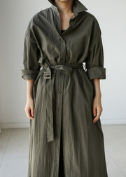 Style Army Green Peter Pan Collar Cotton Tie Waist Long Trench Coat Spring