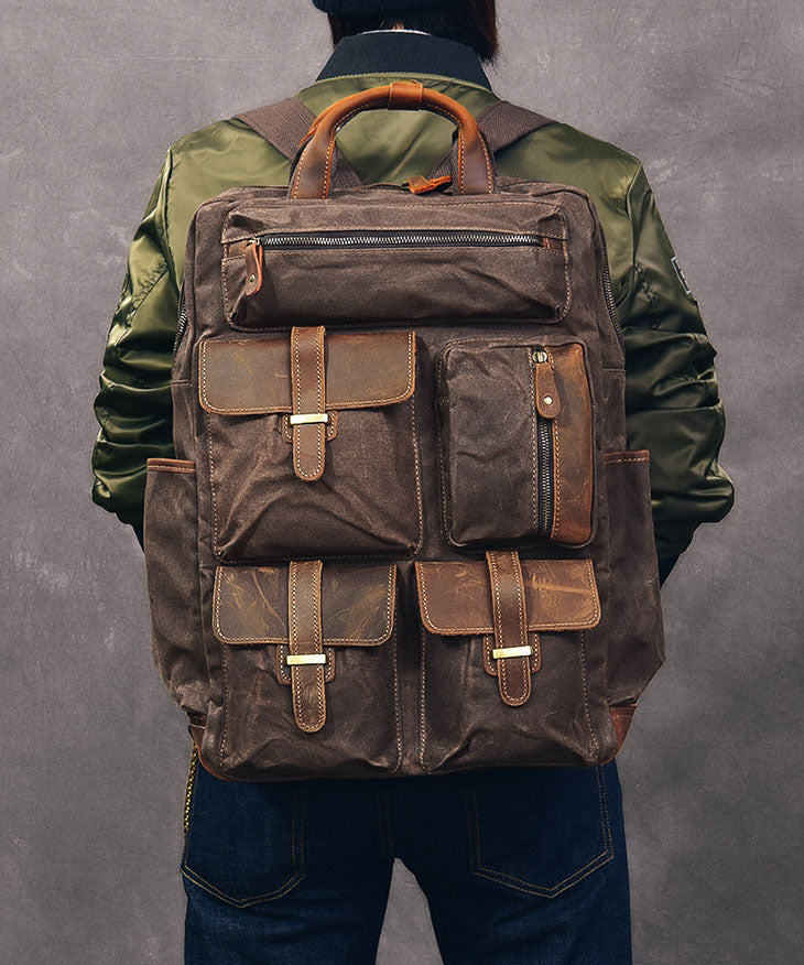 Style Army Green Pockets Cotton Backpack Bag