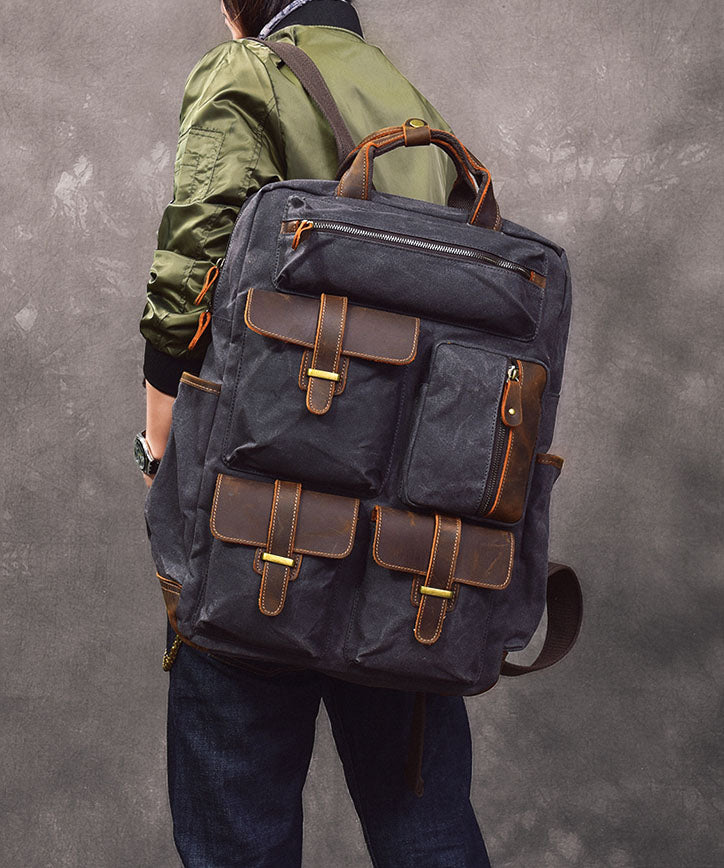 Style Army Green Pockets Cotton Backpack Bag
