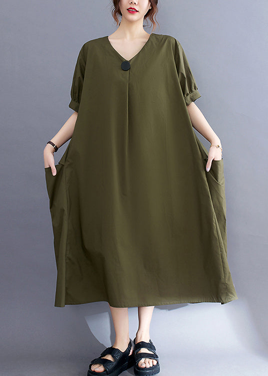 Style Army Green V Neck Pockets Cotton Long Dresses Summer