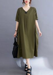 Style Army Green V Neck Pockets Cotton Maxi Dress Summer