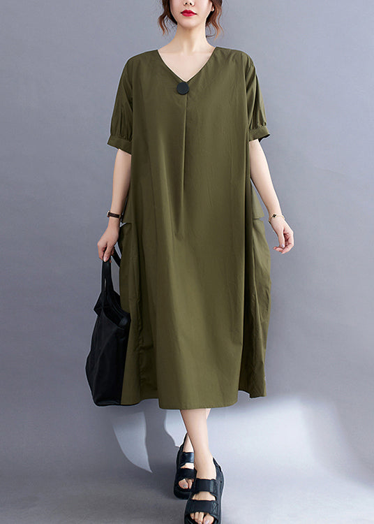 Style Army Green V Neck Pockets Cotton Maxi Dress Summer