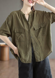 Style Army Green V Neck Solid Wrinkled Button Cotton Shirt Tops Short Sleeve