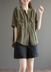 Style Army Green V-Ausschnitt, solide, faltige Knopf-Baumwollhemd mit kurzen Ärmeln