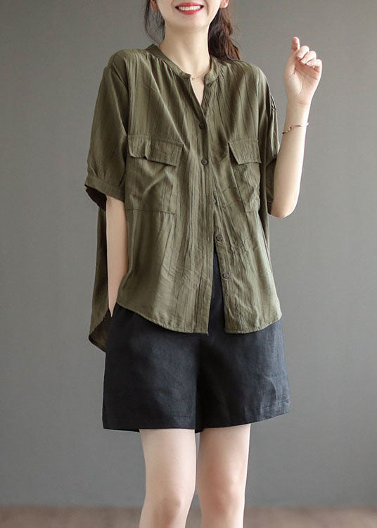 Style Army Green V Neck Solid Wrinkled Button Cotton Shirt Tops Short Sleeve