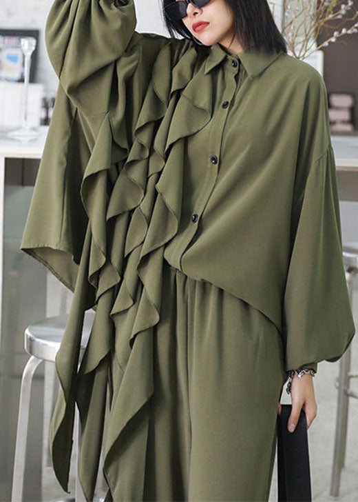Style Army Green asymmetrisches Design Rüschentaschen Wide Leg Fall 2 Piece Outfit