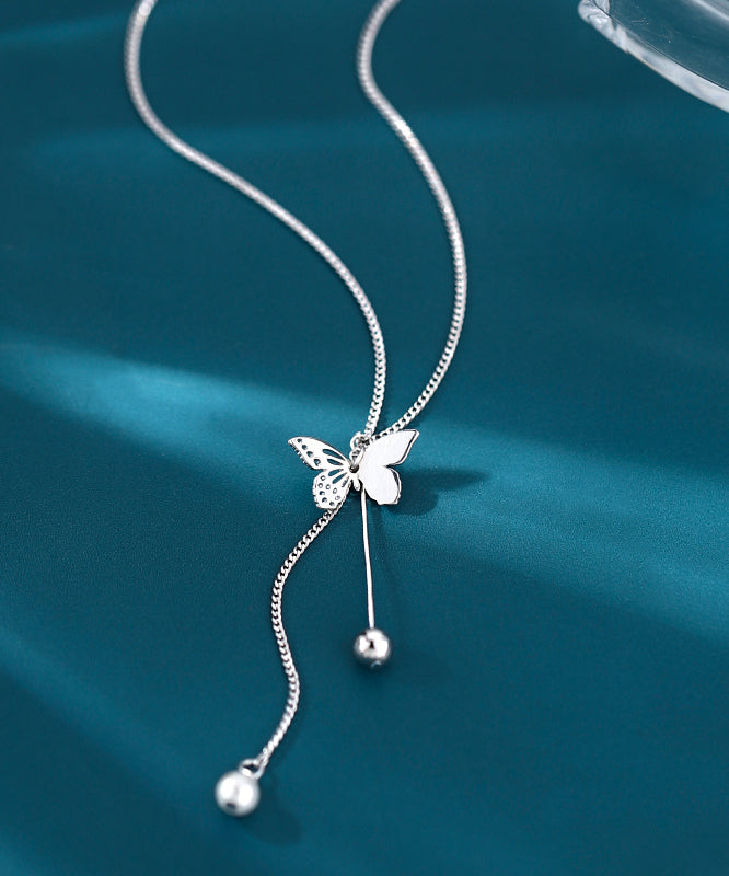Style Asymmetric Butterfly Tassel Silver Necklace