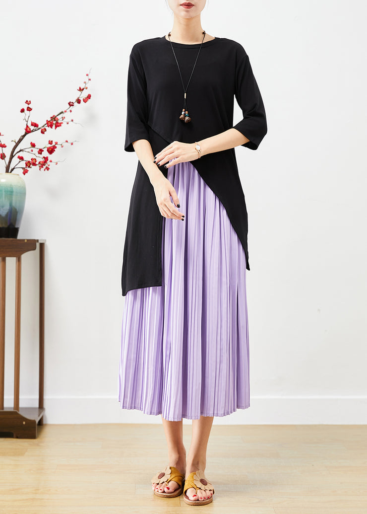 Style Asymmetrical Side Open Cotton Tops And Pleated Skirts Two Pieces Set Half Sleeve