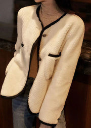 Style Beige O Neck Pockets Button Patchwork Wool Coats Winter