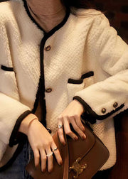 Style Beige O Neck Pockets Button Patchwork Wool Coats Winter