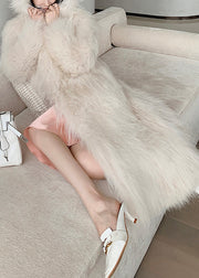 Style Beige Pockets Patchwork Hooded Fuzzy Fur Fluffy Coat Winter