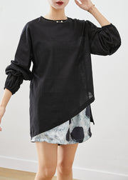 Style Black Asymmetrical Back Buckle Cotton Shirt Top Fall
