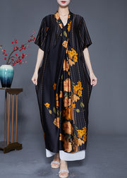 Style Black Asymmetrical Design Print Silk Long Dress Summer