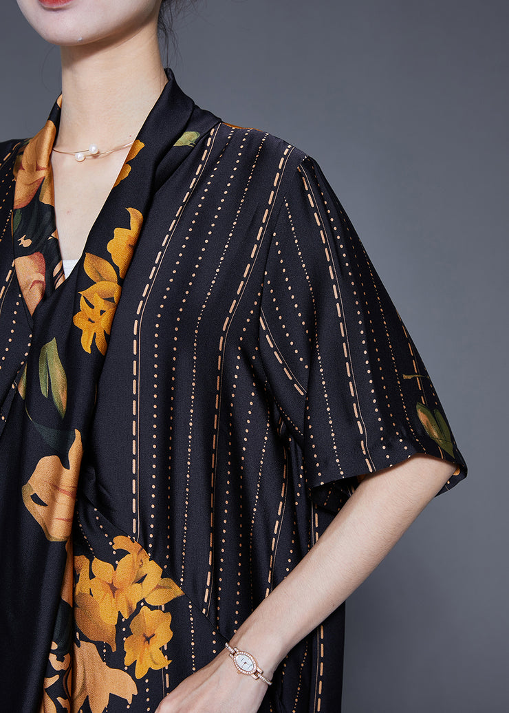 Style Black Asymmetrical Design Print Silk Long Dress Summer