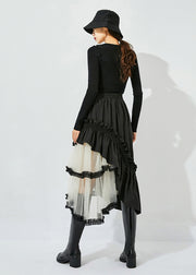 Style Black Asymmetrical Design Tulle Patchwork Ruffled Cotton Skirts Summer