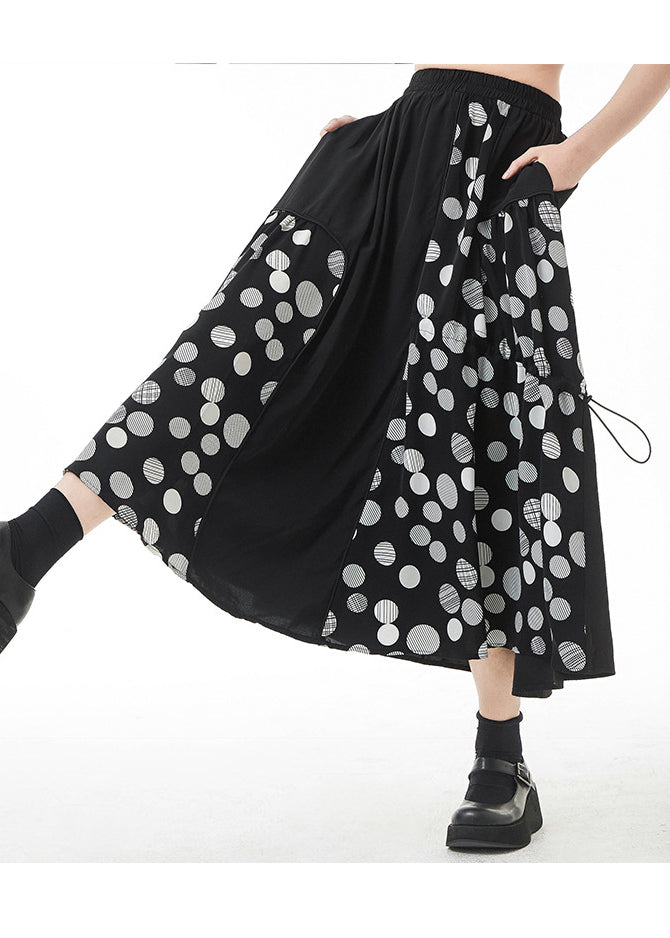Style Black Asymmetrical Drawstring Pockets Dot Print A Line Skirt Summer