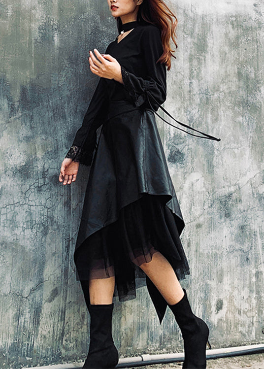 Style Black Asymmetrical Faux Leather Patchwork Tulle Skirt Spring