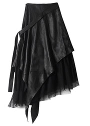 Style Black Asymmetrical Faux Leather Patchwork Tulle Skirt Spring
