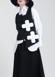 Style Black Asymmetrical Jacquard Patchwork Cotton Vest Sleeveless