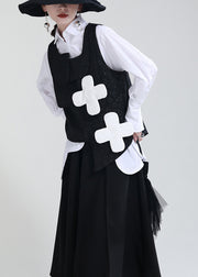 Style Black Asymmetrical Jacquard Patchwork Cotton Vest Sleeveless