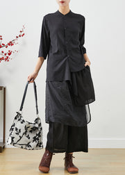 Style Black Asymmetrical Patchwork Linen Silk Two Pieces Set Fall
