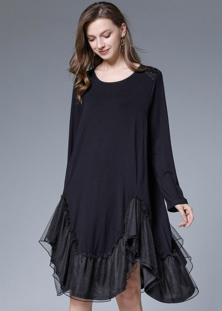 Style Black Asymmetrical Patchwork Ruffles Cotton Maxi Dresses Spring