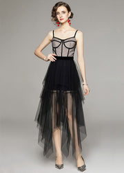 Style Black Asymmetrical Patchwork Tulle Spaghetti Strap Dress Summer