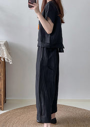 Style Black Asymmetrical Wrinkled Linen 2 Piece Outfit Summer