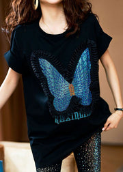 Style Black Butterfly Zircon Patchwork Cotton T Shirts Tops Summer
