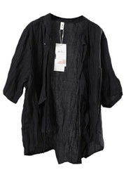 Style Black Button Stand Collar Asymmetrical Design Fall Half Sleeve Blouse Top - SooLinen
