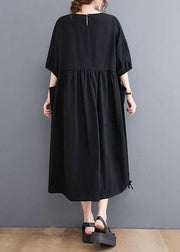 Style Black Cinched O Neck Holiday Dress Puff Sleeve - SooLinen