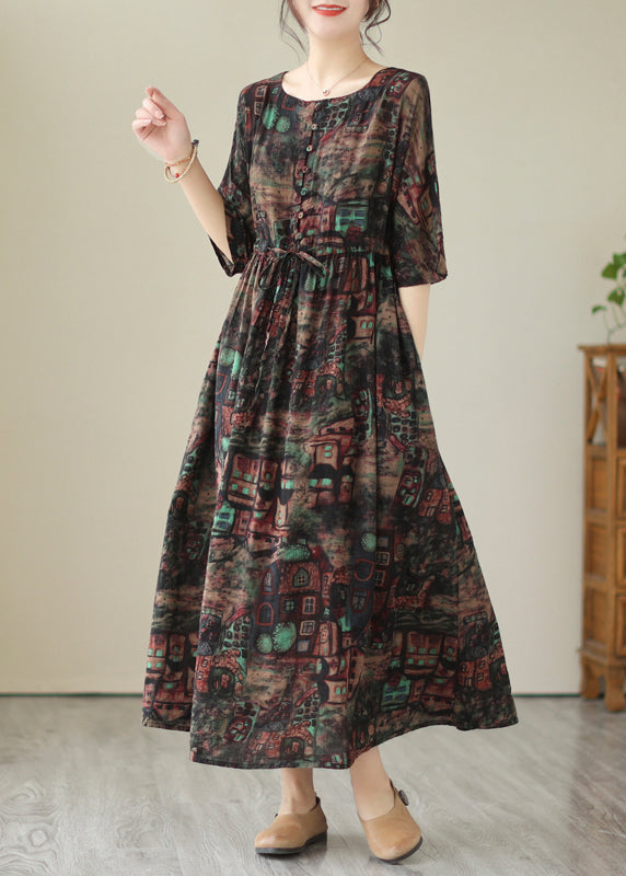 Style Black Cinched Print Linen Maxi Dresses Summer