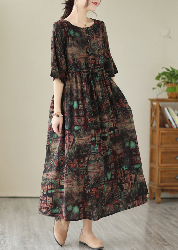 Style Black Cinched Print Linen Maxi Dresses Summer