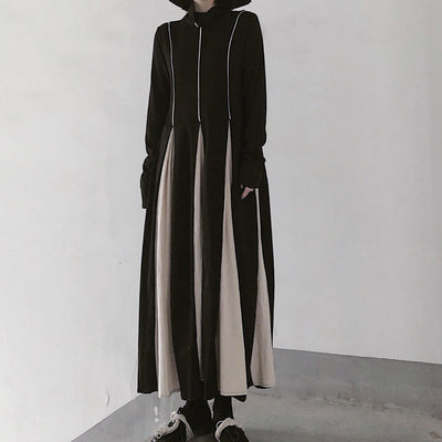 Style Black Clothes For Women High Neck Patchwork A Line Dresses - SooLinen