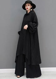 Style Black Drawstring Asymmetrical Cotton Long Shirt And Wide Leg Pants Two Pieces Set Spring