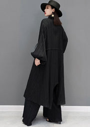Style Schwarzes, asymmetrisches, langes Baumwollhemd mit Kordelzug und Hose mit weitem Bein, zweiteiliges Set, Frühling