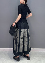 Style Black Elastic Waist Pockets Print Cotton Wide Leg Pants Spring