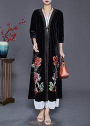 Style Black Embroidered Oversized Silk Velour Long Cardigan Fall