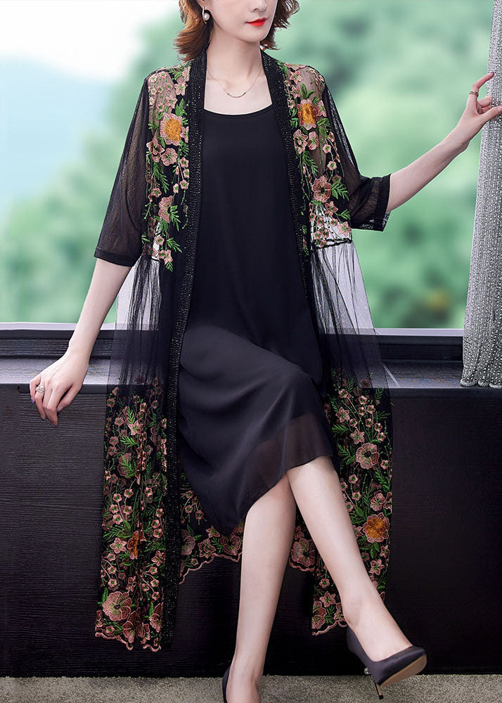 Style Black Embroidered Patchwork False Two Pieces Tulle Cardigans Dresses Summer