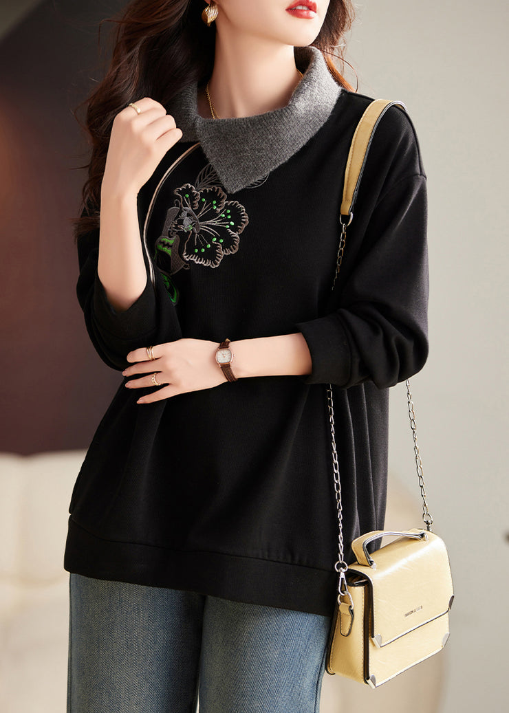 Style Black Embroidered Warm Fleece Tops Spring