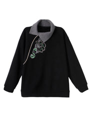 Style Black Embroidered Warm Fleece Tops Spring
