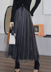 Style Black Gradient High Waist Tulle Pleated Skirt Spring