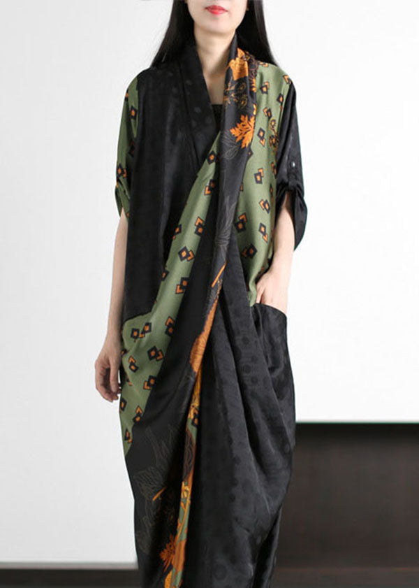 Style Black Green Pockets Print Wrinkled Patchwork Silk Long Dresses Summer