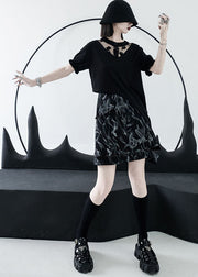 Style Black High Waist Hollow Out Print Cotton Denim A Line Skirts Summer