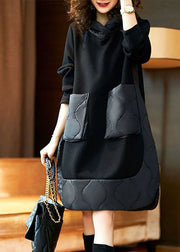Style Black Hooded Pockets Patchwork Cotton Dresses Spring